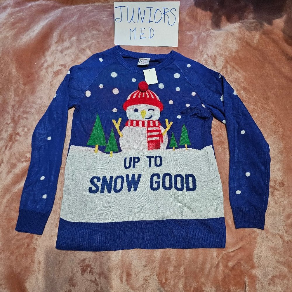 Juniors M Snowman Up to Snow Good Embellished Pullover Knit Sweater NWT